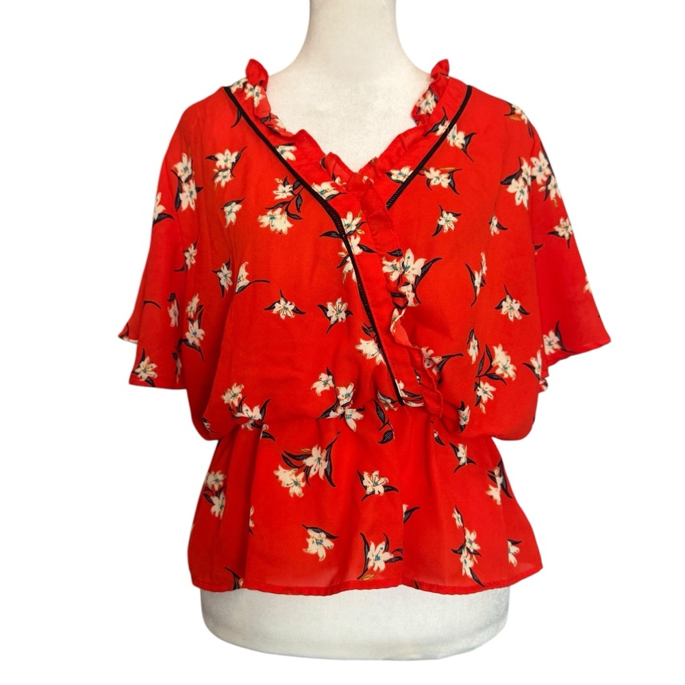 Sienna Sky Top Size L Red Floral Peplum Blouse Wrap Bloomcore Cottagecore Boho
